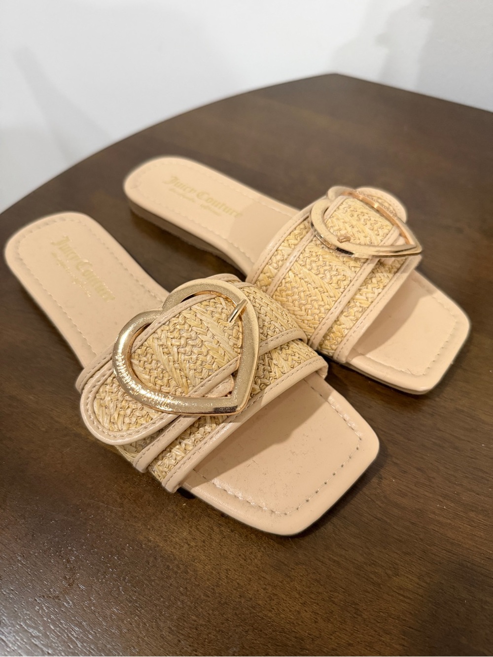Juicy Couture Nude Raffia Slide Sandals with Gold Heart Buckles